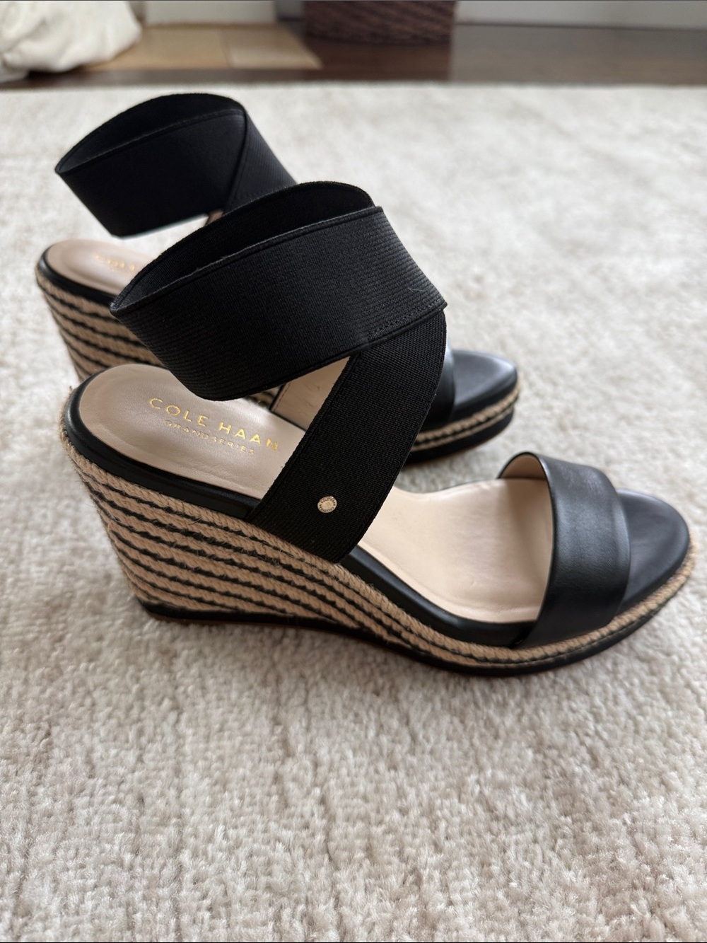 Cole Haan Black Wedge Espadrille Sandals with ankle Straps